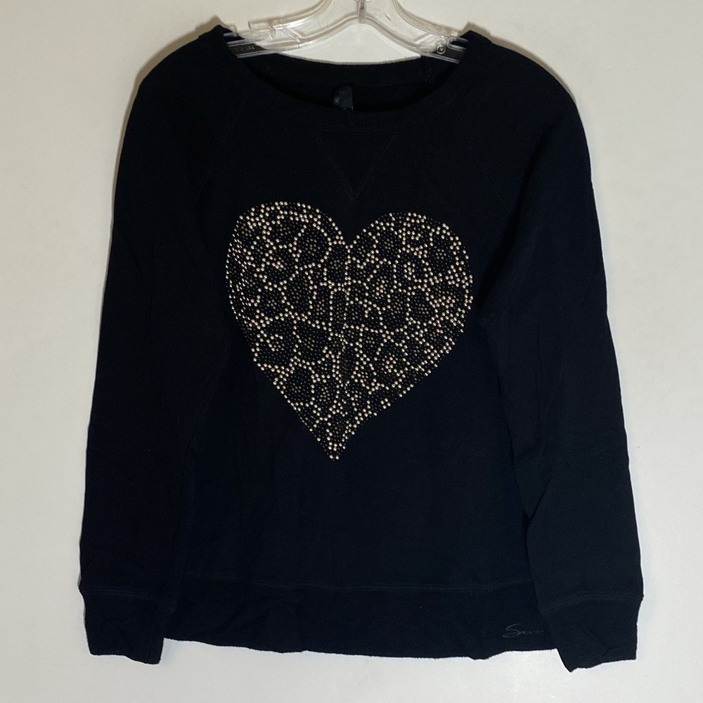 Seven7 Sweatshirt Womens Medium Black Leopard Print Beaded Heart Crewneck Top M
